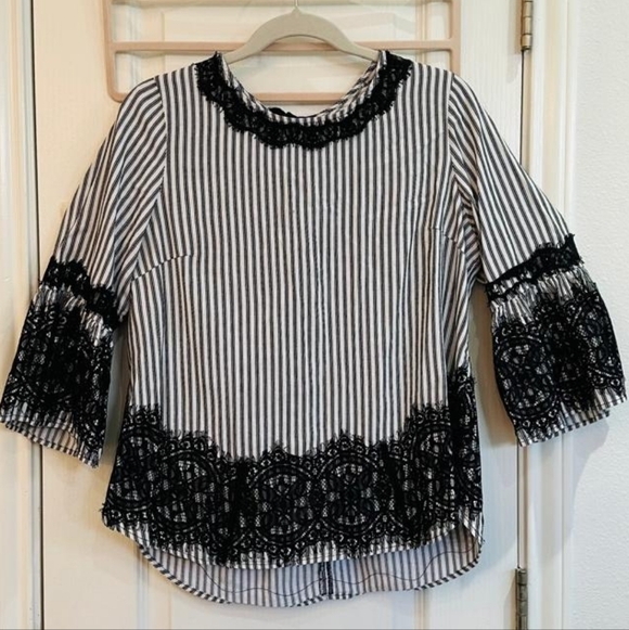 Sabrina Lauren Tops - Blouse Striped Black and White Lace-Trim Women's Blouse
